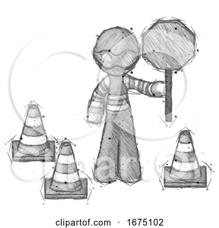 Sketch Thief Man Holding Stop Sign by Traffic Cones Under Construction Concept by Leo Blanchette