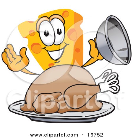 Clipart Picture of a Wedge of Orange Swiss Cheese Mascot Cartoon Character Serving a Thanksgiving Turkey On a Platter by Mascot Junction
