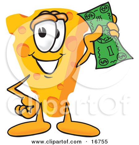 Clipart Picture of a Wedge of Orange Swiss Cheese Mascot Cartoon Character Holding a Green Dollar Bill by Mascot Junction