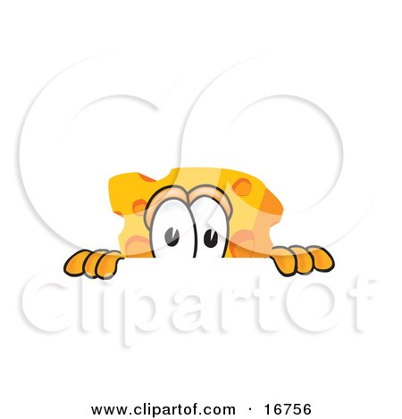 Clipart Picture of a Wedge of Orange Swiss Cheese Mascot Cartoon Character Peeking Over a Surface by Mascot Junction