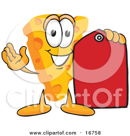 Clipart Picture of a Wedge of Orange Swiss Cheese Mascot Cartoon Character Holding a Red Clearance Sales Price Tag by Mascot Junction