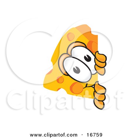 Clipart Picture of a Wedge of Orange Swiss Cheese Mascot Cartoon Character Peeking Around a Corner by Mascot Junction