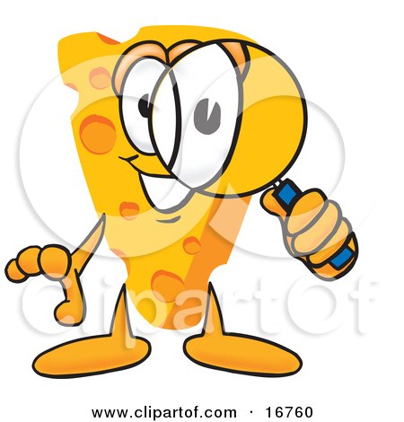 Clipart Picture of a Wedge of Orange Swiss Cheese Mascot Cartoon Character Looking Through a Magnifying Glass by Mascot Junction