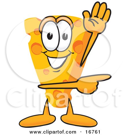 Clipart Picture of a Wedge of Orange Swiss Cheese Mascot Cartoon Character Waving and Pointing to the Right by Mascot Junction
