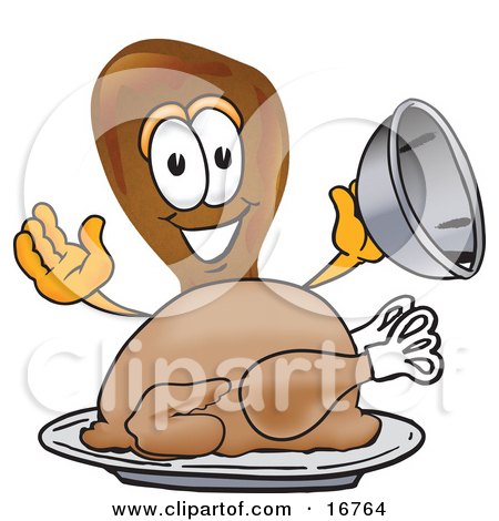 Clipart Picture of a Chicken Drumstick Mascot Cartoon Character Serving a Thanksgiving Turkey on a Platter by Mascot Junction