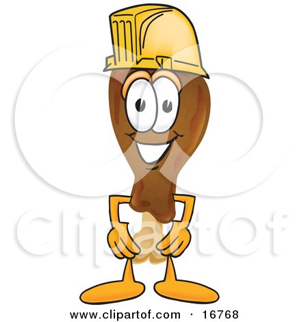 Clipart Picture of a Chicken Drumstick Mascot Cartoon Character Wearing a Hardhat Helmet by Mascot Junction