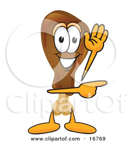 Clipart Picture of a Chicken Drumstick Mascot Cartoon Character Waving and Pointing by Toons4Biz