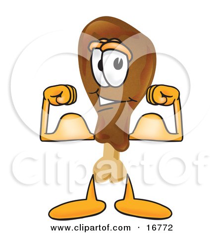 Clipart Picture of a Chicken Drumstick Mascot Cartoon Character Flexing His Arm Muscles by Mascot Junction