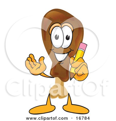 Clipart Picture of a Chicken Drumstick Mascot Cartoon Character Holding a Pencil by Mascot Junction