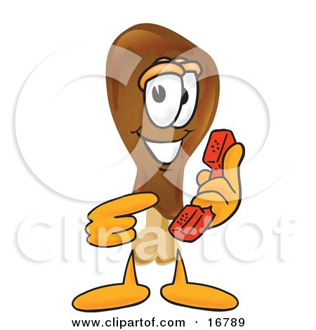 Clipart Picture of a Chicken Drumstick Mascot Cartoon Character Holding a Telephone by Mascot Junction