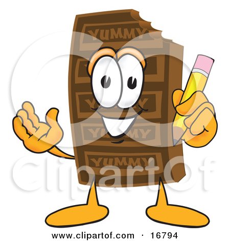 Clipart Picture of a Chocolate Candy Bar Mascot Cartoon Character Holding a Pencil by Mascot Junction