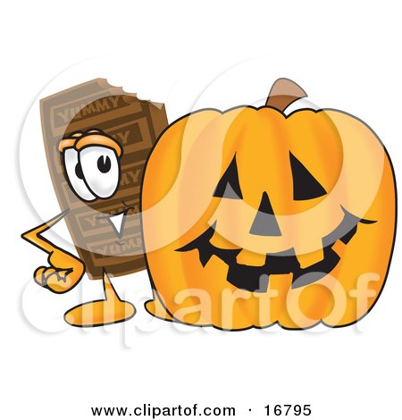 Clipart Picture of a Chocolate Candy Bar Mascot Cartoon Character With a Carved Halloween Pumpkin  by Mascot Junction