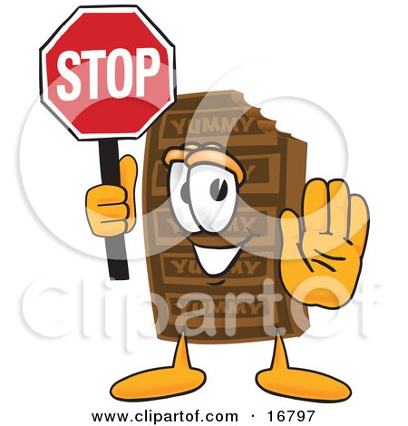 Clipart Picture of a Chocolate Candy Bar Mascot Cartoon Character Holding a Stop Sign  by Mascot Junction