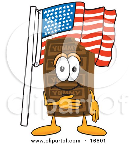 Clipart Picture of a Chocolate Candy Bar Mascot Cartoon Character Pledging Allegiance to an American Flag by Mascot Junction