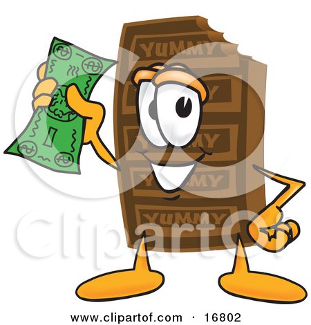 Clipart Picture of a Chocolate Candy Bar Mascot Cartoon Character Holding a Dollar Bill  by Mascot Junction