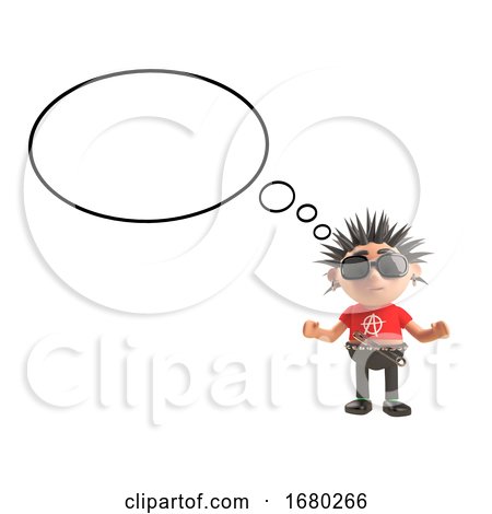 3d Cartoon Punk Rocker Character with Spiky Hair with a Blank Thought Bubble, 3d Illustration by Steve Young