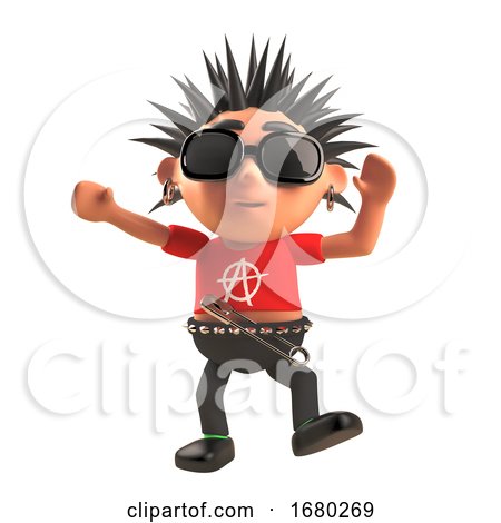Cartoon 3d Punk Rock Character with Spiky Hair Dances like a Fool, 3d Illustration by Steve Young