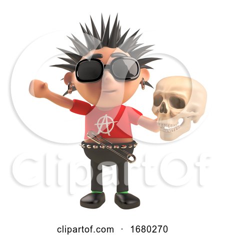 3d Cartoon Punk Rock Character Holding a Human Skull, 3d Illustration by Steve Young