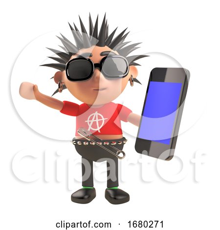 3d Cartoon Punk Rocker with Spiky Hair Using a Smartphone Tablet Device, 3d Illustration by Steve Young