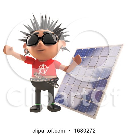 Cartoon 3d Punk Rocker Character Standing in Front of a Renewable Energy Solar Panel, 3d Illustration by Steve Young