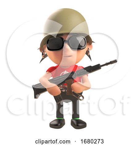 3d Cartoon Punk Rocker Wearing an Army Helmet and Holding an Assault Rifle, 3d Illustration by Steve Young