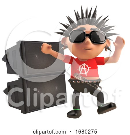 Dancing 3d Cartoon Punk Rocker with Spiky Hair in Front of a Rave Party Pa Sound System, 3d Illustration by Steve Young