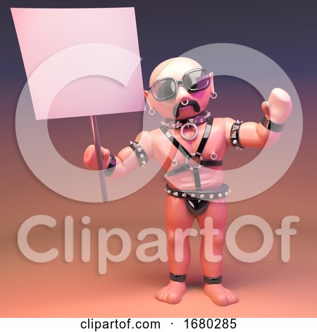 3d Cartoon Gay Leather Man Holding a Blank Banner Placard, 3d Illustration by Steve Young
