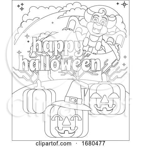 Happy Halloween Vampire Bat Pumpkin Coloring Page by AtStockIllustration