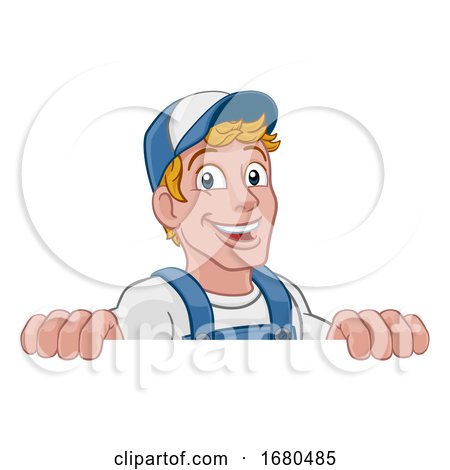 Caretaker Handyman Cartoon Construction Man Sign by AtStockIllustration