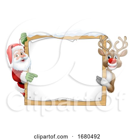 Santa Claus and Reindeer Christmas Sign Cartoon by AtStockIllustration