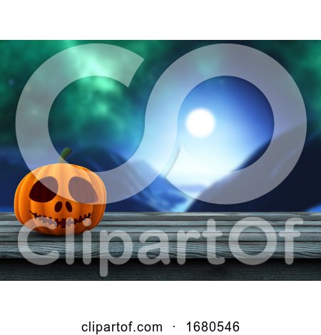 3D Pumpkin on a Wooden Table Against a Defocussed Spooky Landscape by KJ Pargeter