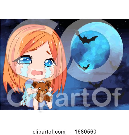 Crying Manga Girl Under a Full Halloween Moon and Bats by mayawizard101