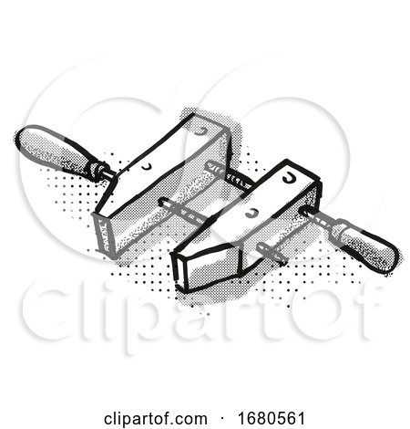 Wooden Screw Clamp Woodworking Hand Tool Cartoon Retro Drawing by patrimonio