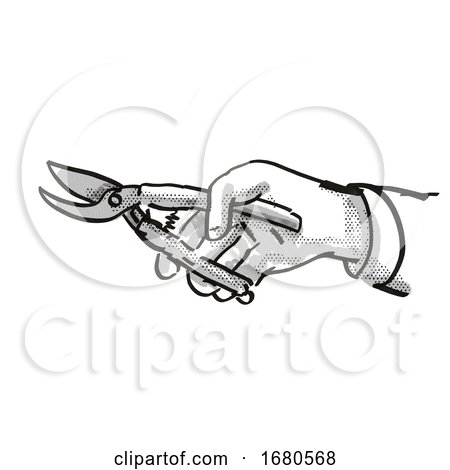 Hand Holding Secateurs Garden Tool Cartoon Retro Drawing by patrimonio