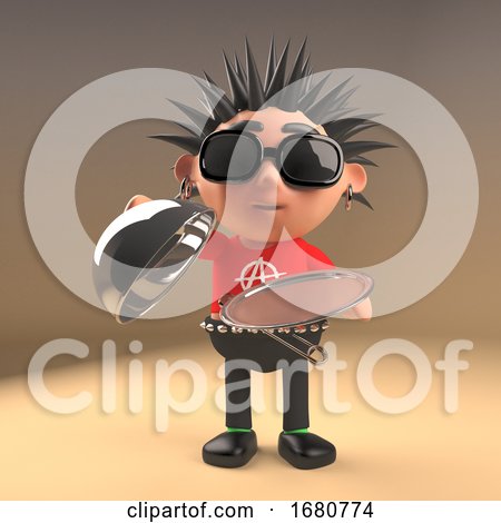 Spiky Haired Teenage 3d Punk Rock Cartoon Character Holding a Silver Tray, 3d Illustration by Steve Young