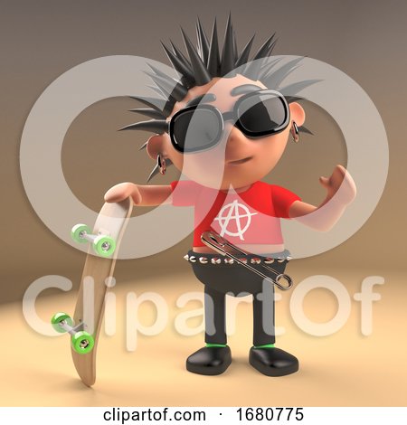 Spiky Haired Cartoon 3d Punk Rock Teenager Holding a Skateboard, 3d Illustration by Steve Young