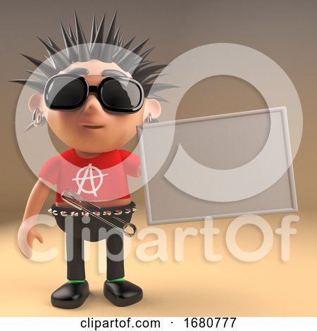 Cartoon 3d Punk Rocker Teenage Character Holding a Blank Banner 3d Illustration by Steve Young