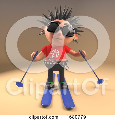 Cartoon 3d Punk Rock Teenager with Spiky Hair Skiing on Skis, 3d Illustration by Steve Young
