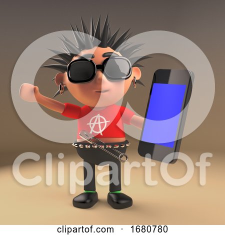 3d Cartoon Spiky Haired Teenage Punk Rock Character Using a Smartphone Tablet Device, 3d Illustration by Steve Young