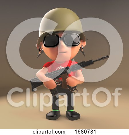 Cartoon 3d Spiky Haired Punk Rock Teenager Wearing a Soldiers Helmet and Holding an Automatic Rifle, 3d Illustration by Steve Young