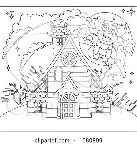 Halloween Haunted House and Bat Cartoon Scene by AtStockIllustration