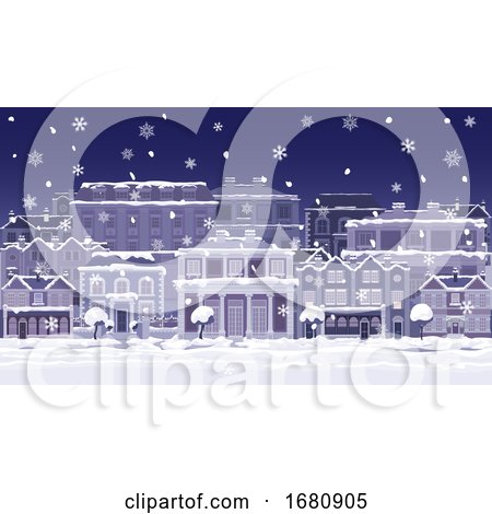 Christmas Night Snow Houses and Shops Street Scene by AtStockIllustration