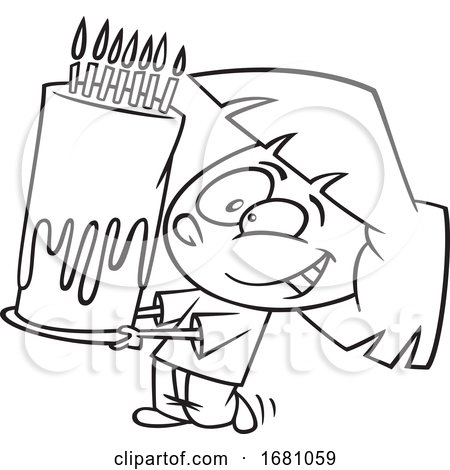 Cartoon Outline Girl Carrying a Tall Birthday Cake by toonaday