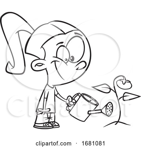 Cartoon Outline Girl Watering a Tomato Plant by toonaday