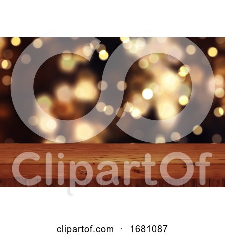 3D Christmas Background with Wooden Table Against Defocussed Bokeh Lights by KJ Pargeter