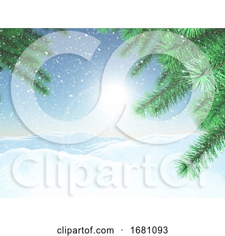 3D Winter Landscape with Christmas Tree Branches by KJ Pargeter
