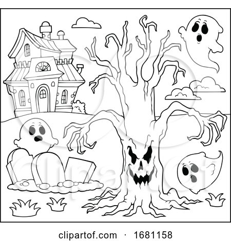 Creepy Tree and Ghosts by a Haunted House by visekart