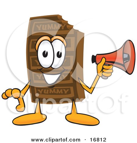 Clipart Picture of a Chocolate Candy Bar Mascot Cartoon Character Holding a Megaphone by Mascot Junction