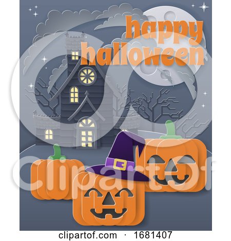 Happy Halloween Haunted House Pumpkin Background by AtStockIllustration