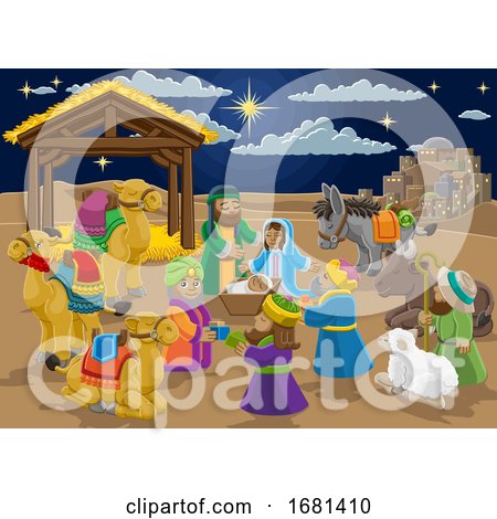 Nativity Christmas Scene Cartoon by AtStockIllustration